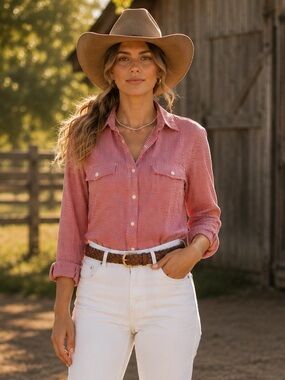 Women’s J Crew Red White Gingham Button Down Western Chic 100% Cotton